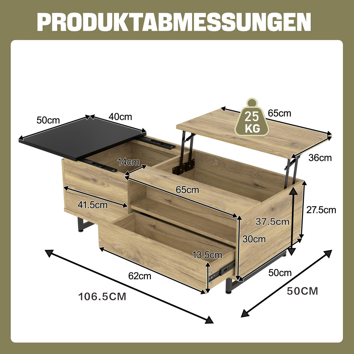 COUCHTISCH mit LED-Streifen an der Unterseite, Schubladen und Fächern, Naturfarbe - Naturfarben, Holz (106.5/50/27.5cm) - KOMHTOM