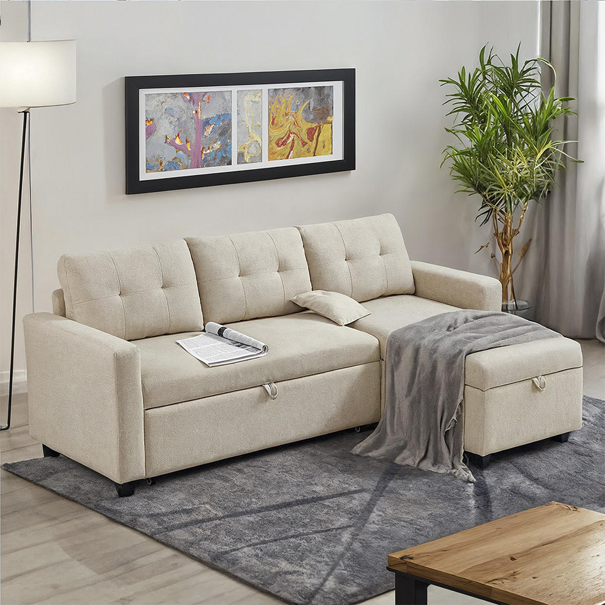 SOFA L-FORM Campina Beige 226 x 163 cm mit Schlaffunktion - Beige, Holz (226/163cm) - VitaliSpa