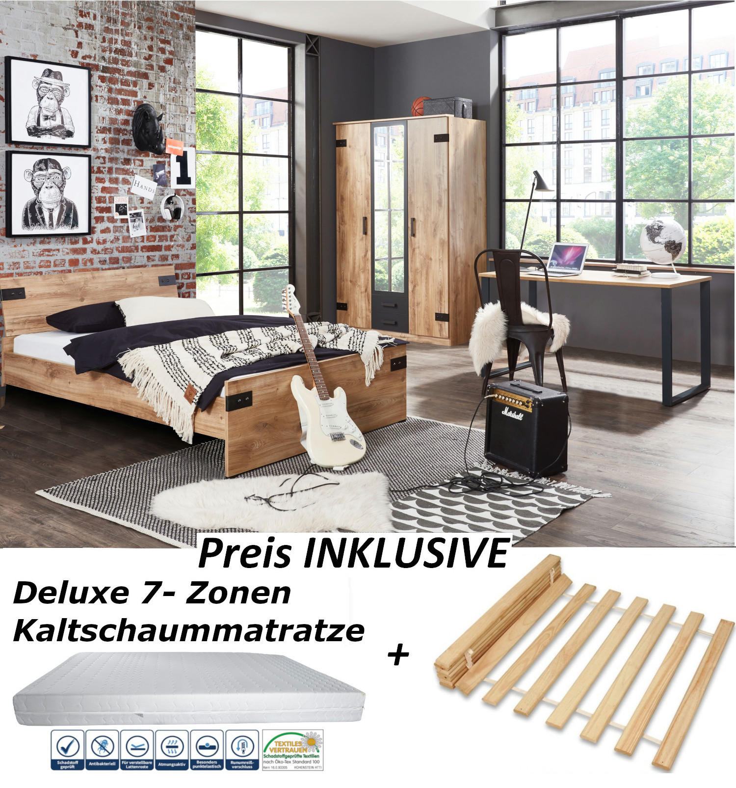 JUGENDZIMMER Liverpool in Plankeneiche und Graphit 5 teilig mit 120er Bett und Drehtürenschrank - Braun, Holzwerkstoff (120/200/80cm)