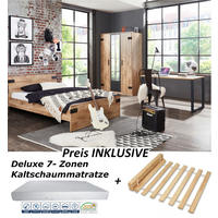 JUGENDZIMMER Liverpool in Plankeneiche und Graphit 5 teilig mit 120er Bett und Drehtürenschrank - Braun, Holzwerkstoff (120/200/80cm)
