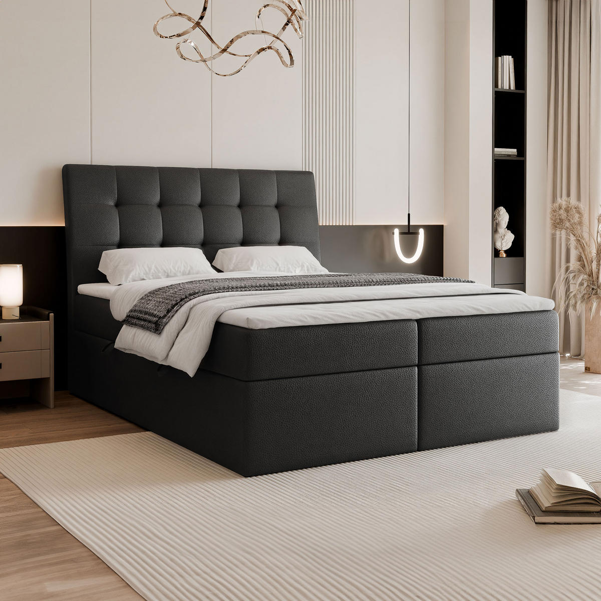 BOXBETT BAILEY 200/200 cm mit Matratze und Topper, Schwarz - Schwarz, Textil/Metall (200/200cm) - Idohome