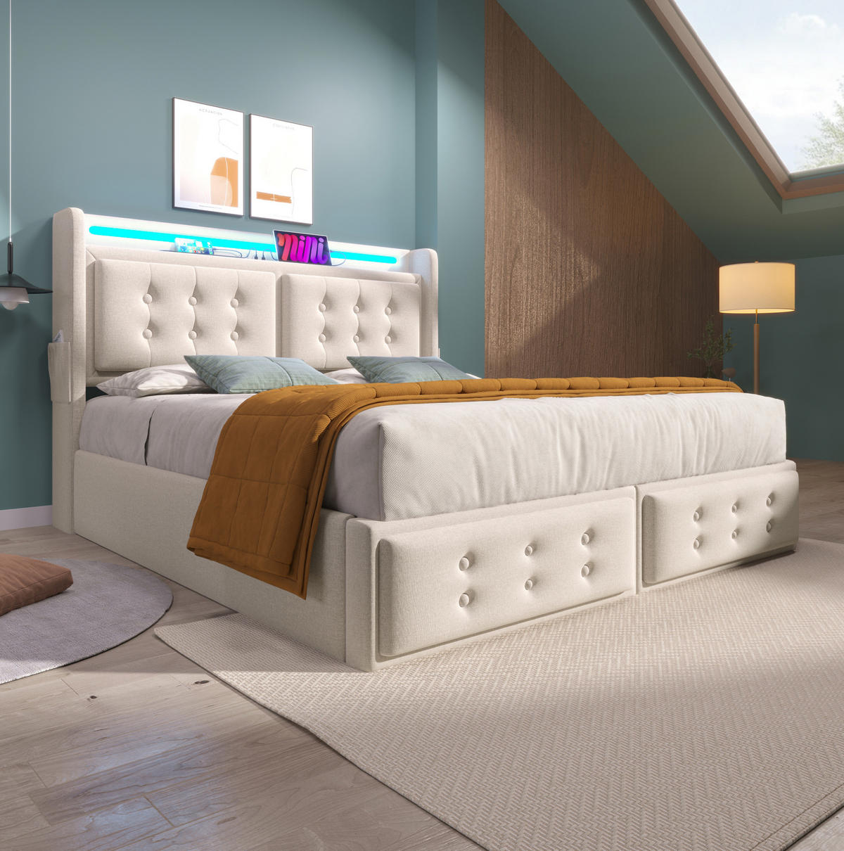 POLSTERBETT 160/200 cm Beige mit Bettkasten, LED-Beleuchtung und USB - Beige, Textil (160/200cm) - Flora Grace