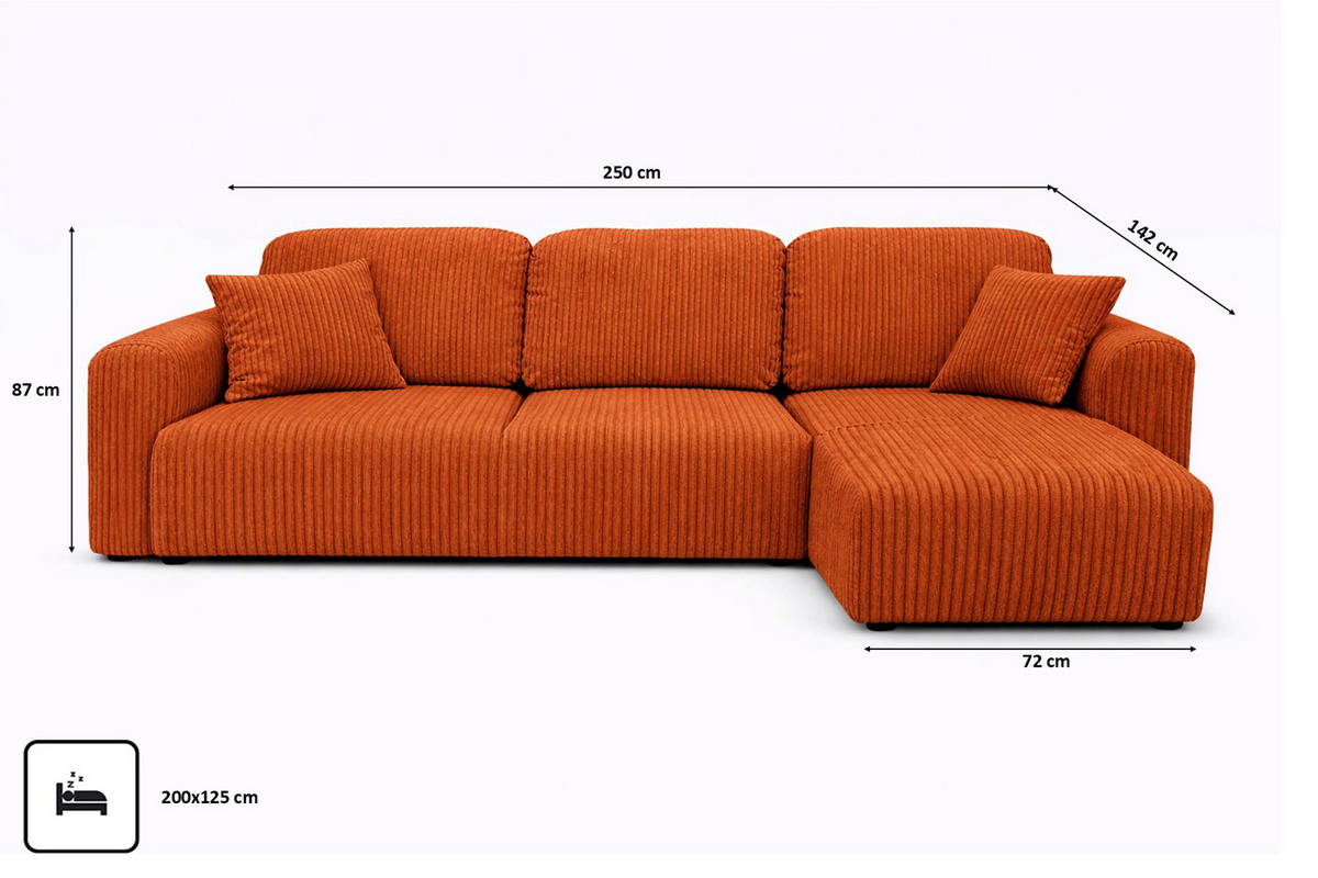 ECKSOFA Mit Schlaffunktion Und Bettkasten, Sofa L-Form Bingo L, Cordstoff Poso, Kupfer, Rechts - Orange, Holz (250/142cm) - Kaiser Möbel