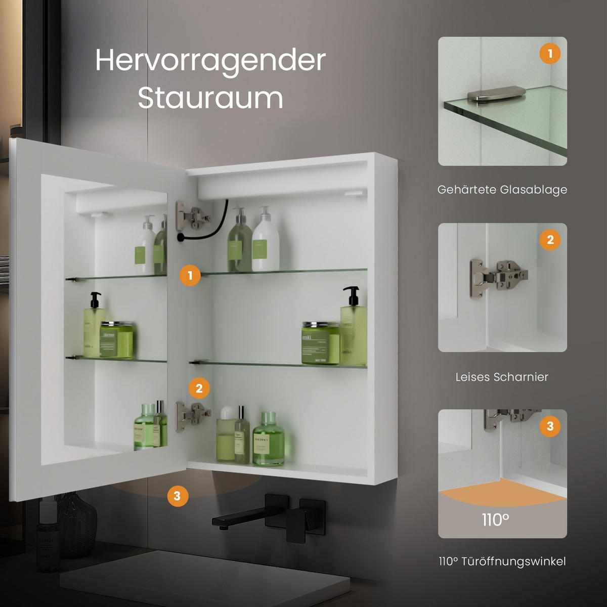 SPIEGELSCHRANK mit Beleuchtung silberweiß 70/50/14,5 - Weiß, Metall (50/70/70cm) - EMKE