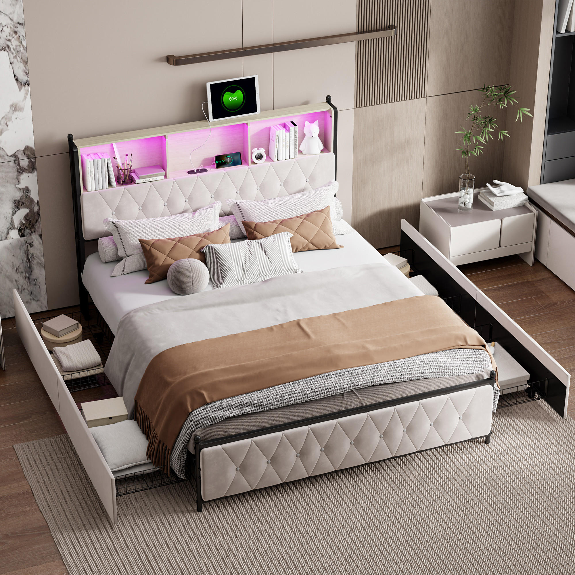 POLSTERBETT 160x200 cm, Beige, LED-Beleuchtung und USB-Typ-C, Samt - Beige, Textil/Metall (160/200cm)
