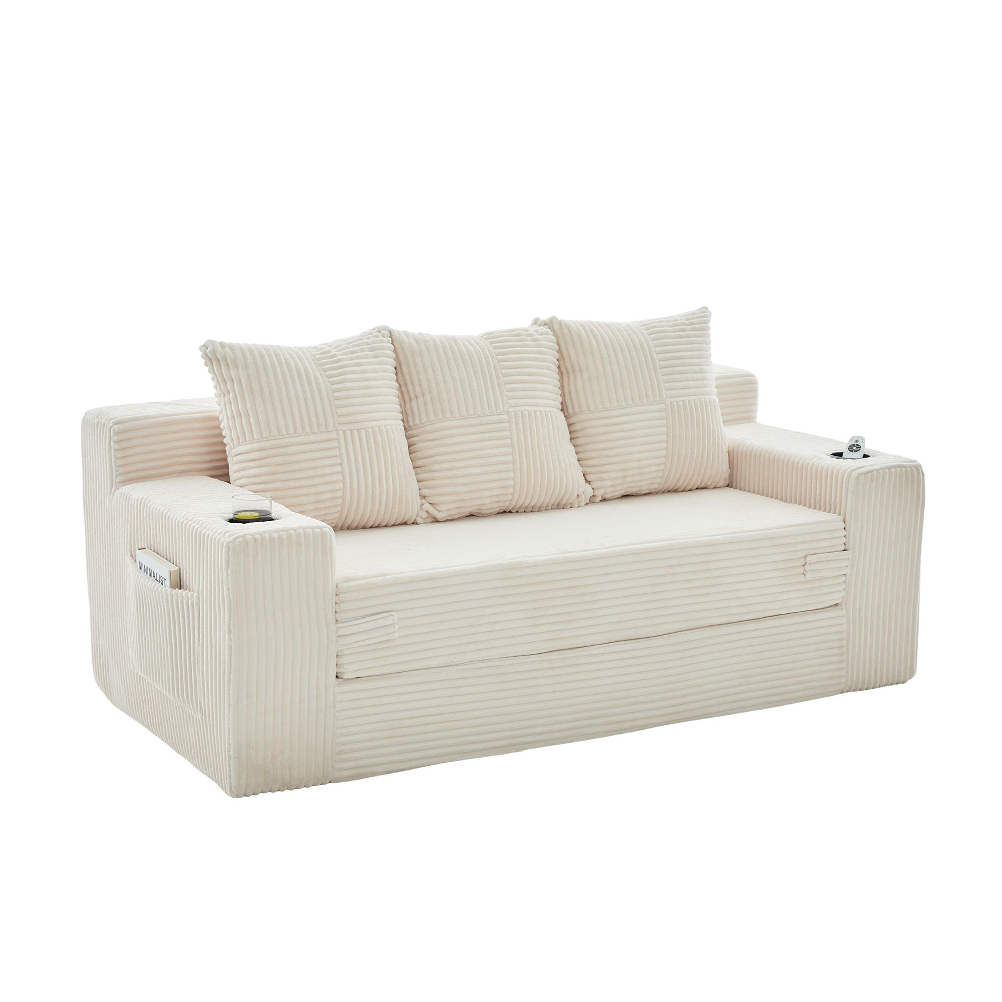 SCHLAFSOFA Modular mit Getränkehaltern und Seitentaschen, DE-42913, Beige - Beige, Textil (172/64/87cm) - ComfortXL