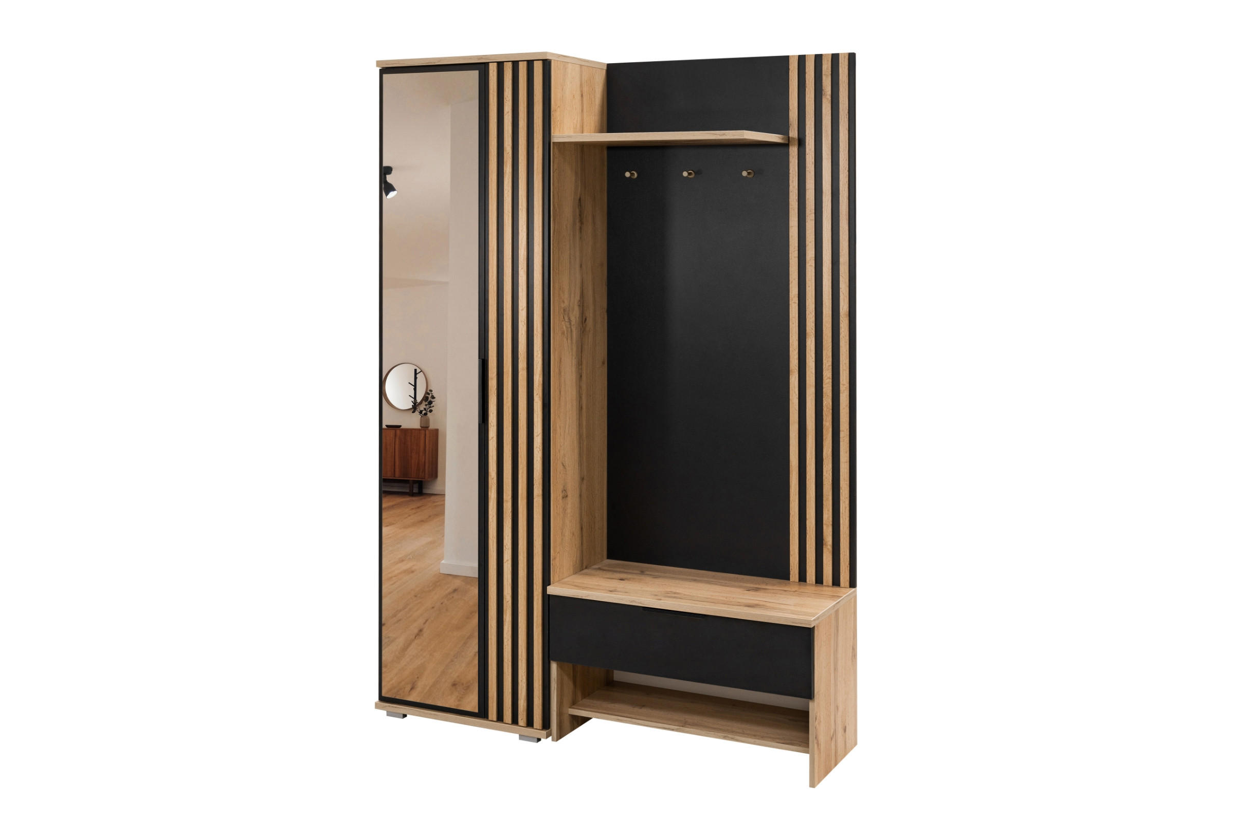 GARDEROBE MILANO 140/200 in Eiche Wotan / Schwarz mit Lamellen - Eichefarben/Schwarz, Holzwerkstoff (140/200/40cm) - Deine Möbel 24