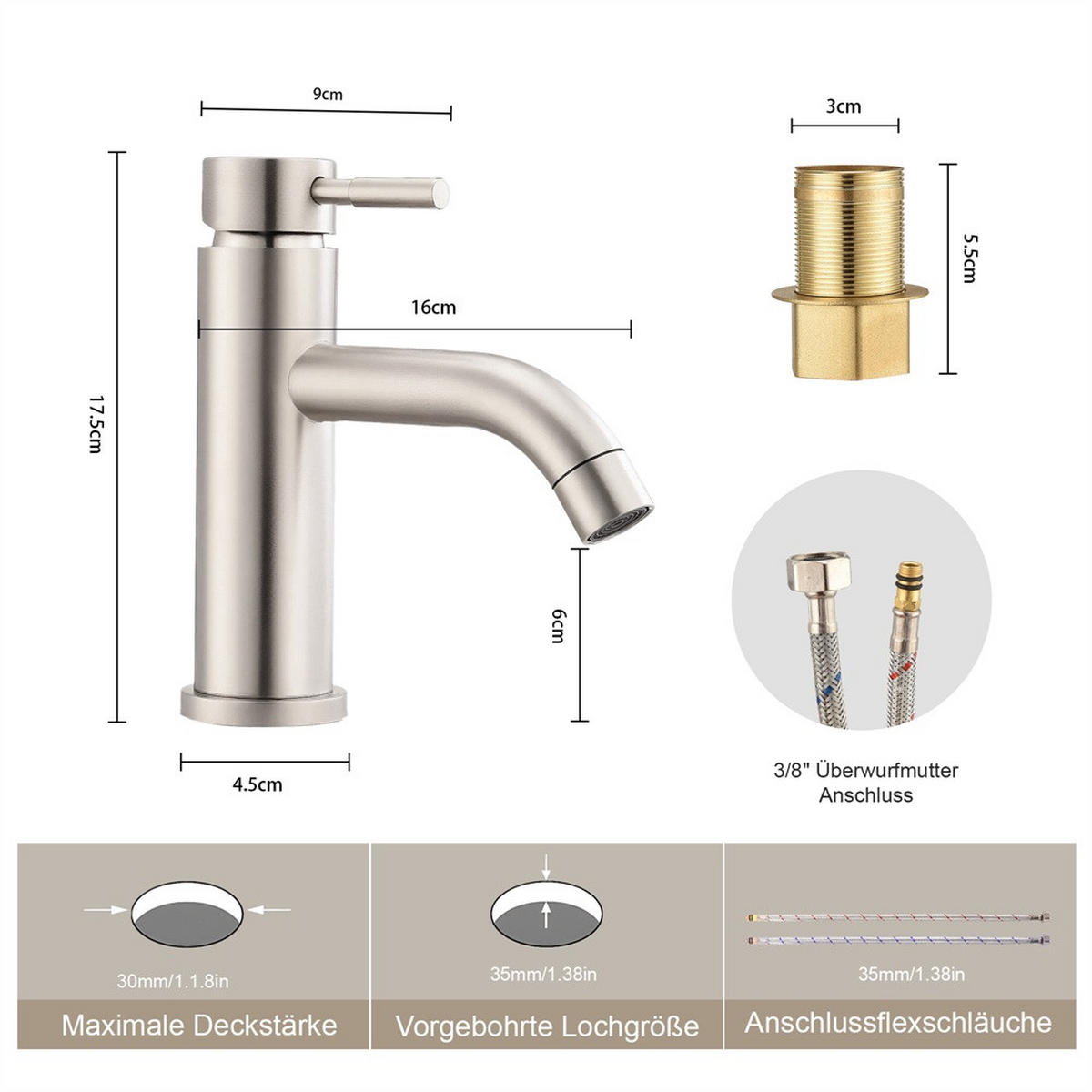 WASCHTISCHARMATUR Einhebelmischer für Waschbecken - Waschtischarmatur Mischbatterie für Kalt- und Warmwasser - Silberfarben, Metall (16/17.5/4.5cm) - DELFA
