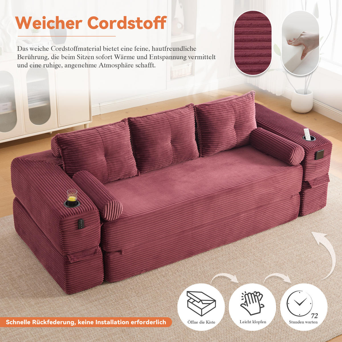 SCHLAFSOFA, 2-in-1 Klappsofa mit Getränkehalter, Modulares Bodensofa Cordstoff, Weinrot - Weinrot, Textil (232/80/98cm) - LVHOM