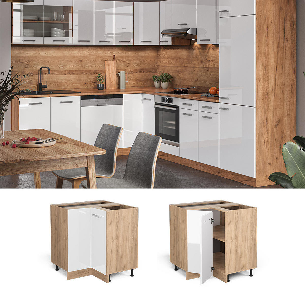 ECKUNTERSCHRANK R-Line Weiß Hochglanz 75.6 cm AP Marmor - Honigeiche/Weiß Hochglanz, Holzwerkstoff (75.6/81.6/60cm) - Vicco