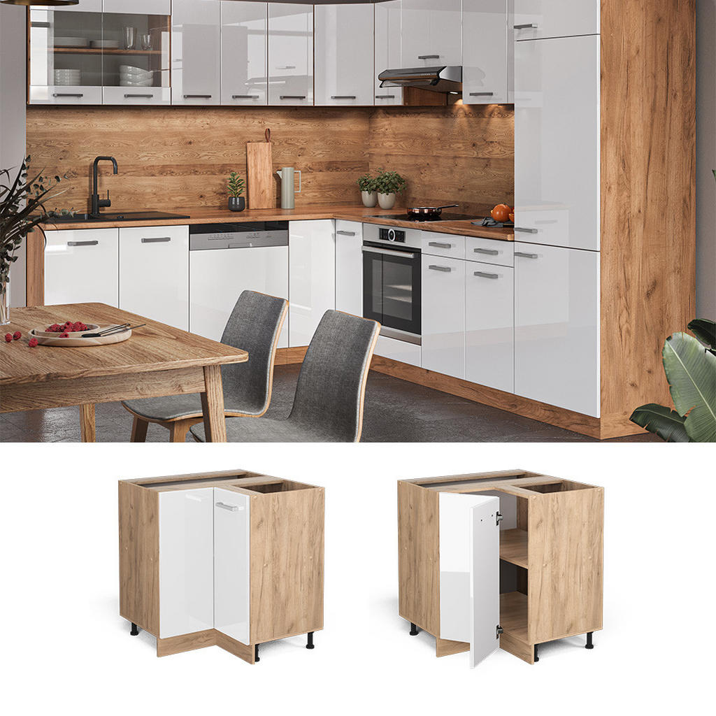 Thumbnail - Vicco Eckunterschrank, Weiß Hochglanz, Honigeiche, Holzwerkstoff, 2 Fächer, Rechteckig, 75.6x81.6x60 cm, Küchen, Küchenm...