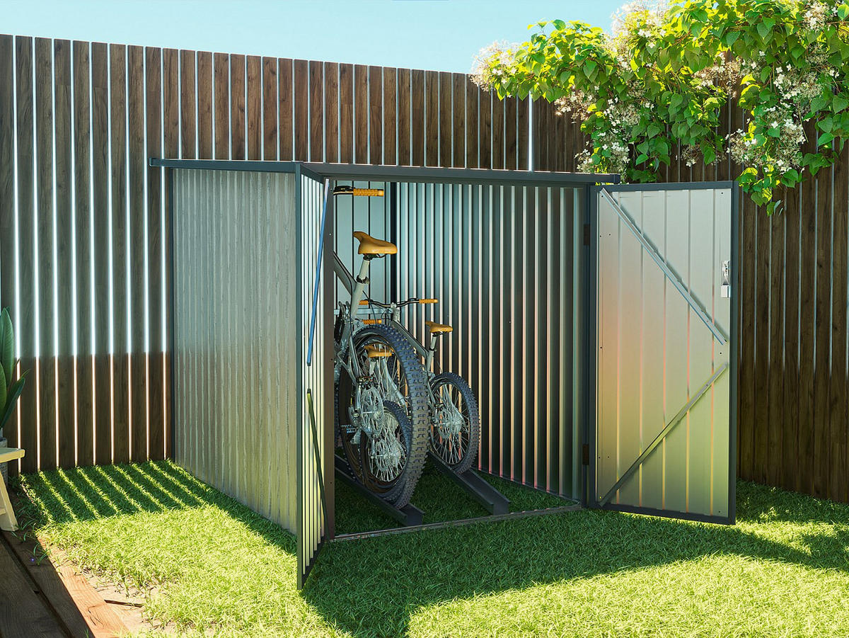 METALL-FAHRRADUNTERSTAND aus verzinktem Stahl - Holz-Optik - 2,8 m² für 2 Fahrräder - NIKI - Taupe, Metall (128/142/189cm) - Vente-Unique