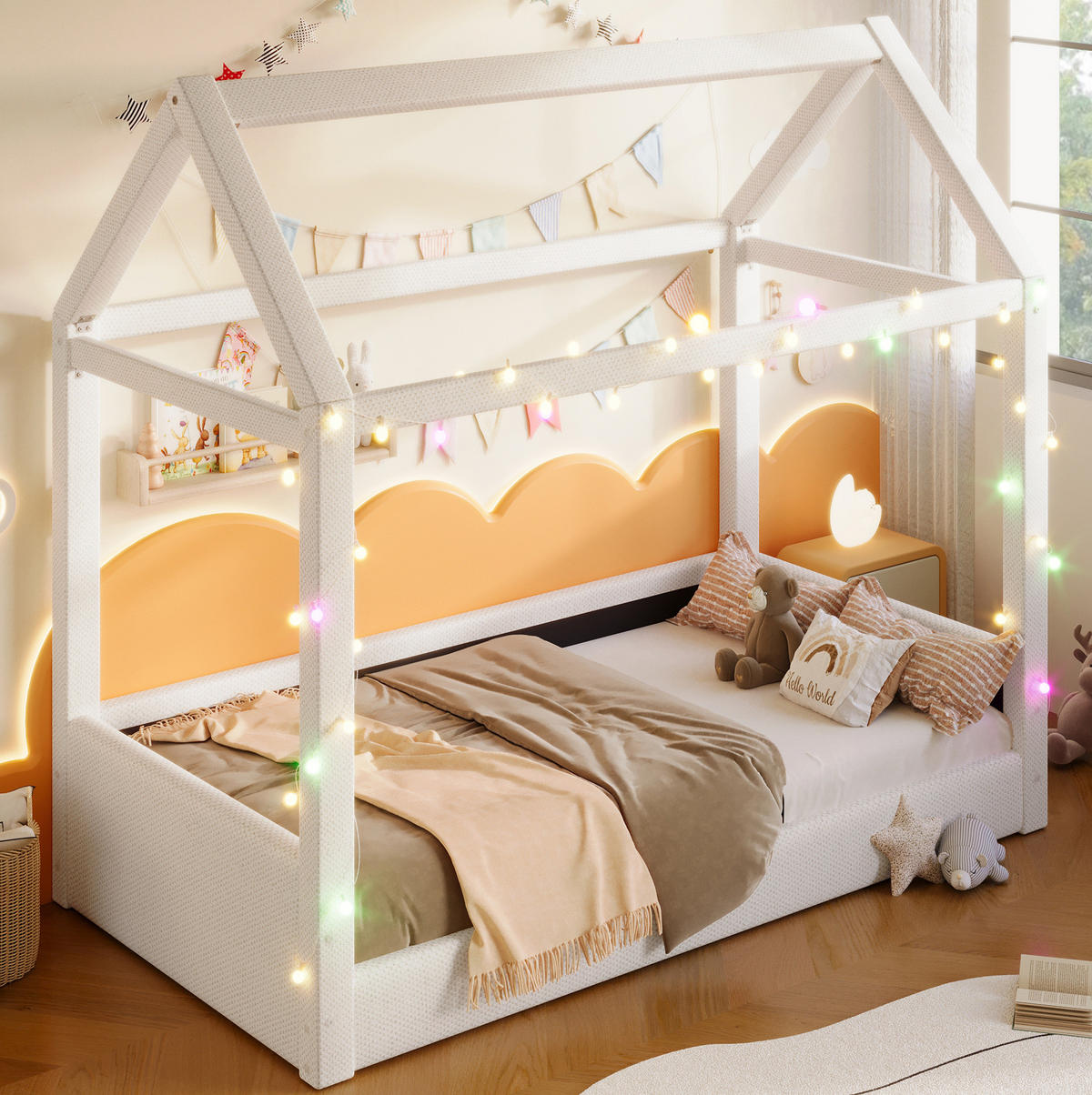 KINDERBETT 90/200 cm aus MDF mit LED-Beleuchtung und Hausdesign, Beige - Beige, Holzwerkstoff (90/200cm) - Redom