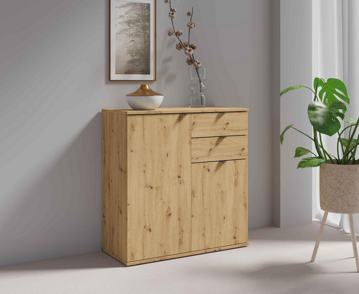 KOMMODE METRIX 120/82,5/35cm mit 2 Schubladen 3 Türen Eiche Artisan - Eiche Artisan, Holzwerkstoff (120/82.5/35cm) - MASSENO