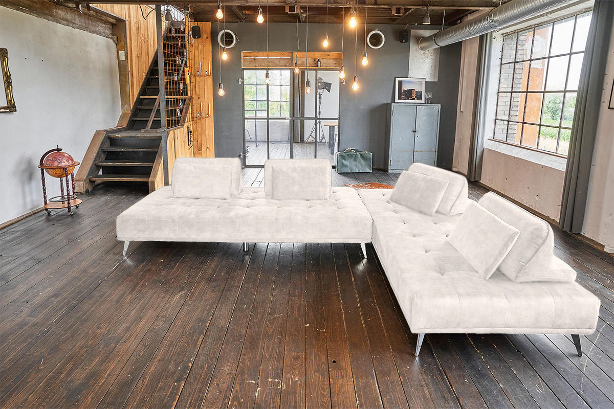 ECKSOFA WIOLO Cremeweiß Velvet - Silberfarben/Creme, Textil/Metall (350/240cm) - KAWOLA