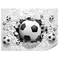 FOTOTAPETA Pre Študentskú Izbu Futbalové Lopty Biela Tehlová Stena Šport 200 x 140 cm - čierna/sivá, papier (200/140cm) - Muralo