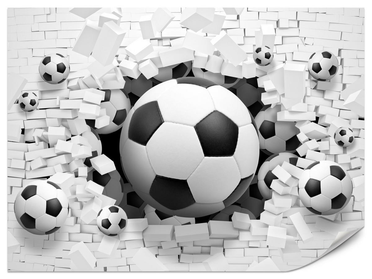 FOTOTAPETA Pre Študentskú Izbu Futbalové Lopty Biela Tehlová Stena Šport 200 x 140 cm - čierna/sivá, papier (200/140cm) - Muralo