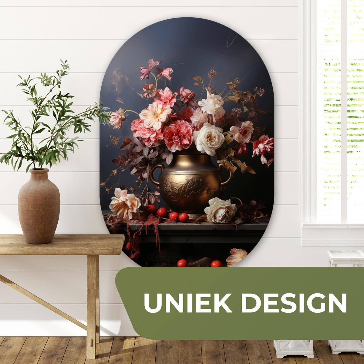 WANDBILD Stilleben - Blumen - Rosen - Blumenstrauß - Vase Deko Groß 80x120 cm - Dunkelbraun, Kunststoff (80/120cm) - MuchoWow