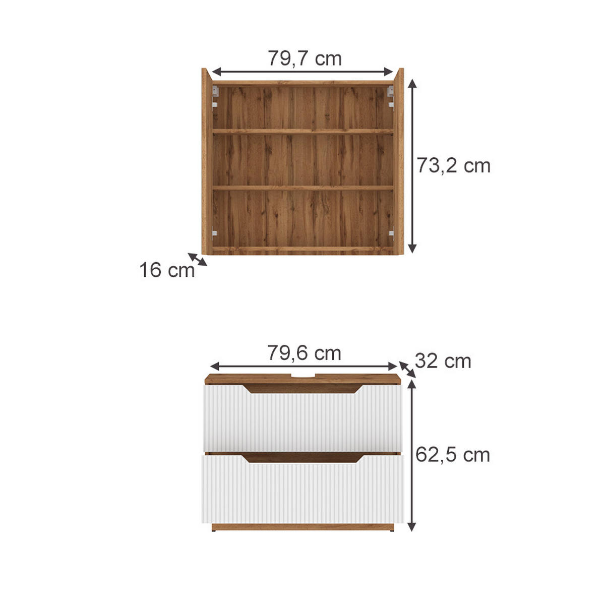 BADMÖBEL-SET Lotta Eiche/weiß gestreift 2 Teile - Eichefarben/Weiß, Holzwerkstoff (79.6/62.5/32cm) - Vicco