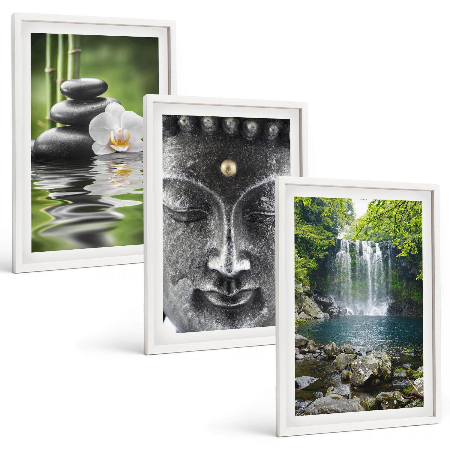 BILDER SET 3er Set - 40x60 cm Weißer Rahmen - Harmoniesteine Wasser Buddha - Weiß, Kunststoff (40/60cm) - TULUP
