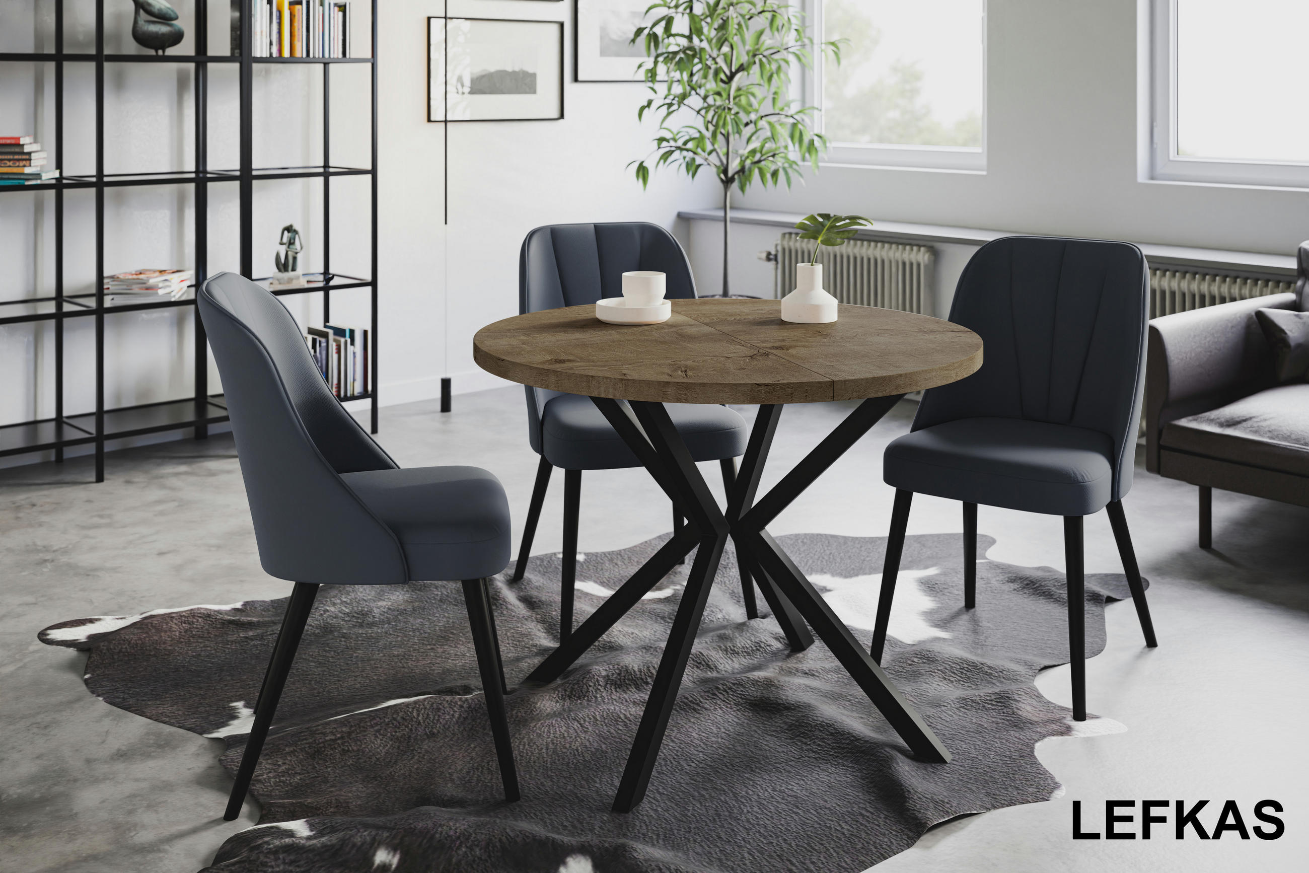 ESSZIMMERTISCH LOFT LITEN, ausziehbarer Tisch 120 cm/200 cm, Farbe: Grau, mit Metallbeinen in Farbe Schwarz - Dunkelbraun/Schwarz, Holzwerkstoff (120/120/76cm) - Alpi-Möbel