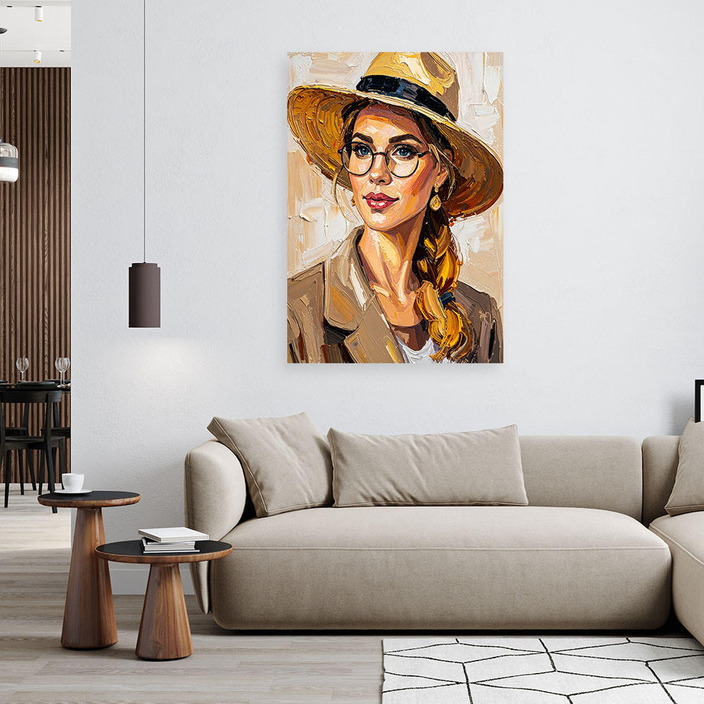 LEINWANDBILD Porträt Frau mit Hut 80x120cm - Beige, Textil (80/120cm) - Feeby