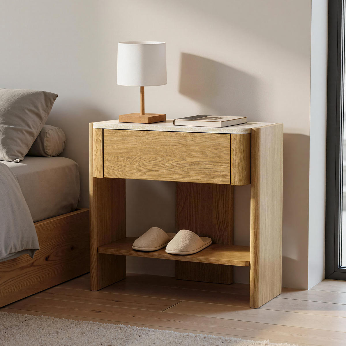NACHTTISCH Modern mit Marmoroptik, Eiche, MDF | B55 x T40 x H53 cm - Eichefarben, Holz (55/53/40cm) - Hometopia