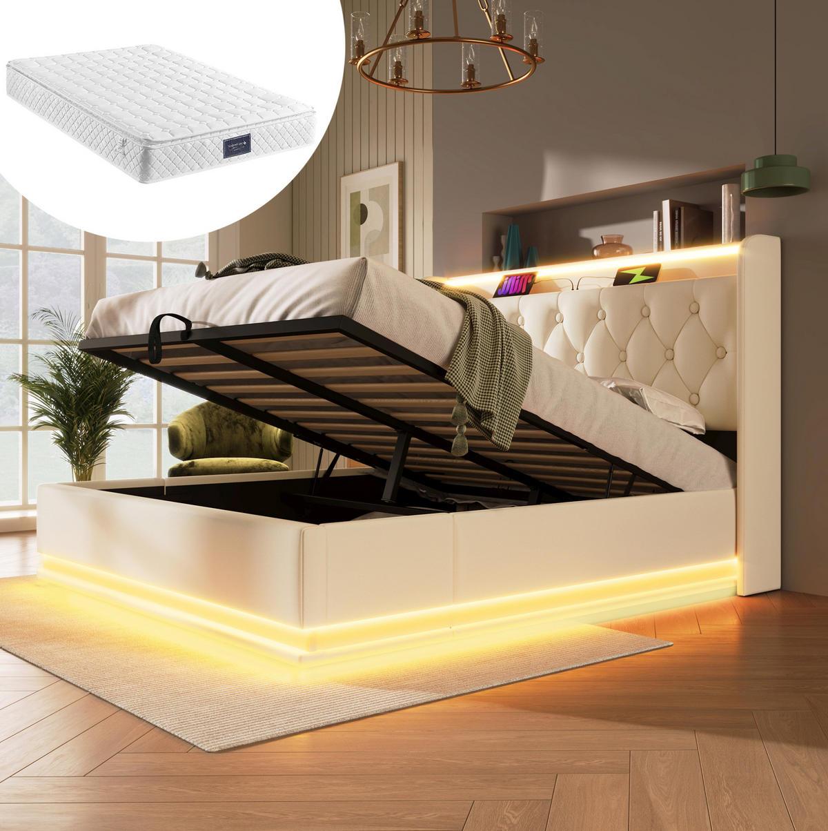 POLSTERBETT aus PU 160x200 cm in Weiß mit LED-Beleuchtung & Matratze - Weiß, Leder (160/200cm) - Modfu