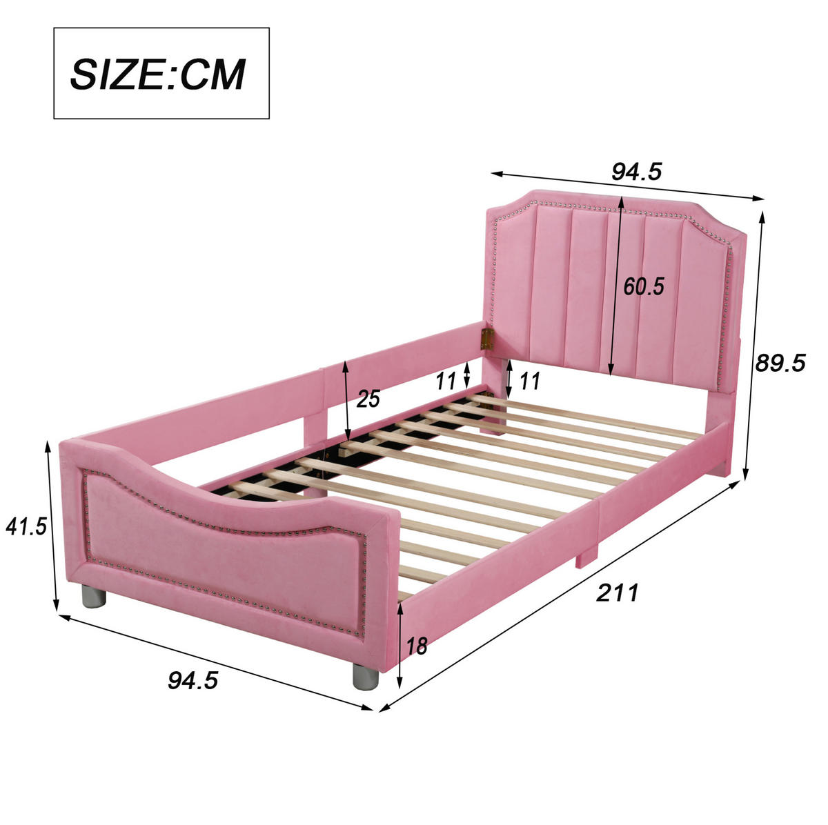 POLSTERBETT 90/200 cm in Rosa mit gepolstertem Kopfteil und Lattenrost - Pink, Holz (90/200cm) - BEAOK