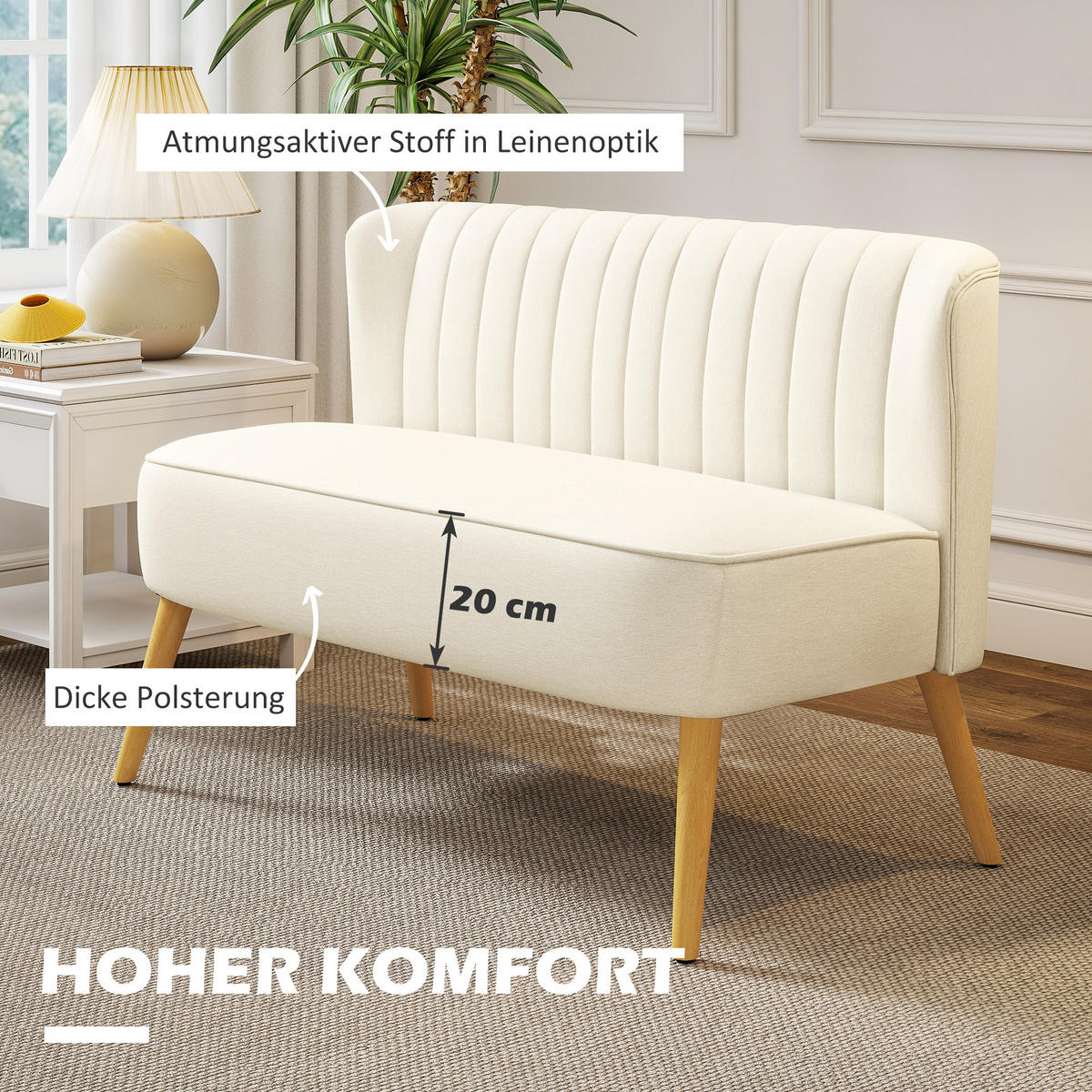SOFA 2-Sitzer Couch Stoffsofa Sitzmöbel Polstersofa Loungesofa breit Cremeweiß - Creme/Naturfarben, Holz/Textil (56.5/77/117cm) - HOMCOM
