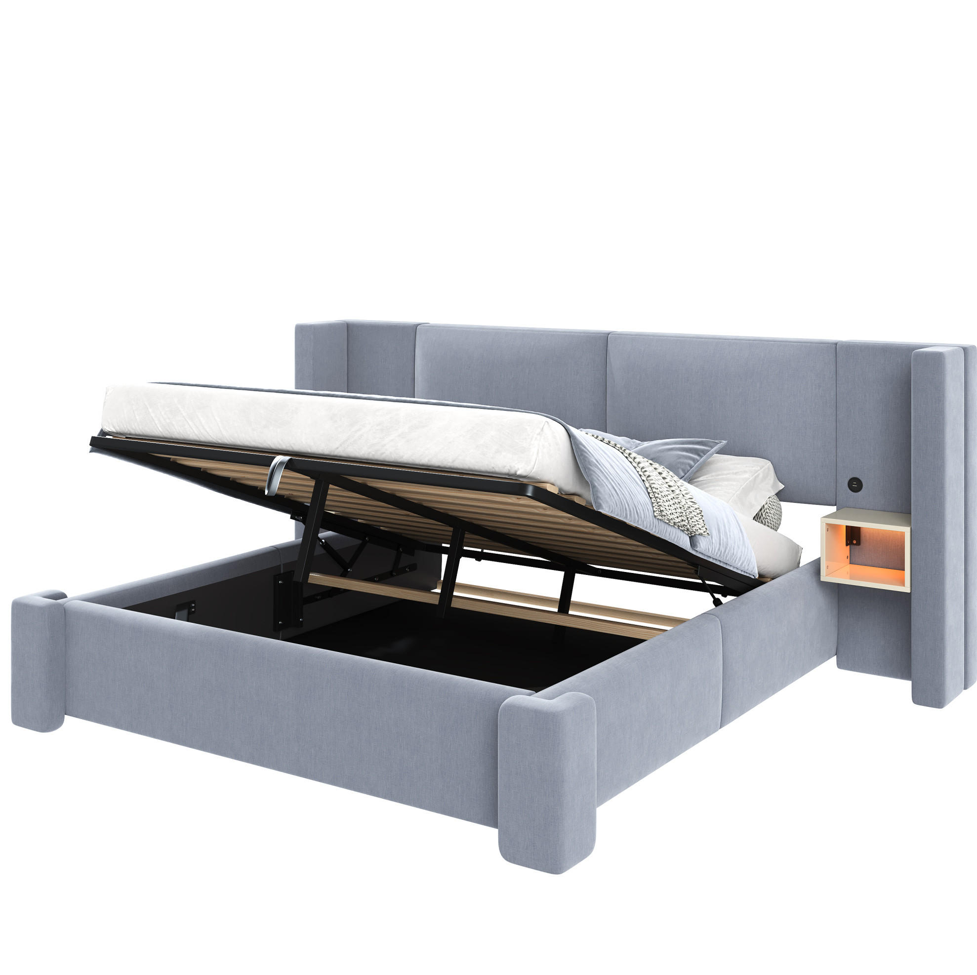 POLSTERBETT aus Leinen und MDF 140x200 cm Grau mit LED-Nachttischen, Staufächern und Hydraulikfunktion - Grau, Textil (140/200cm) - Modfu