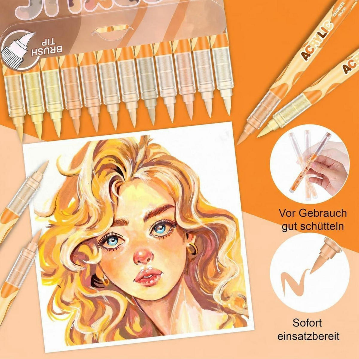 ACRYLSTIFTE 12-teiliges Set Hauttöne mit Pinselspitze - Gelb, Kunststoff (14/1/15cm)