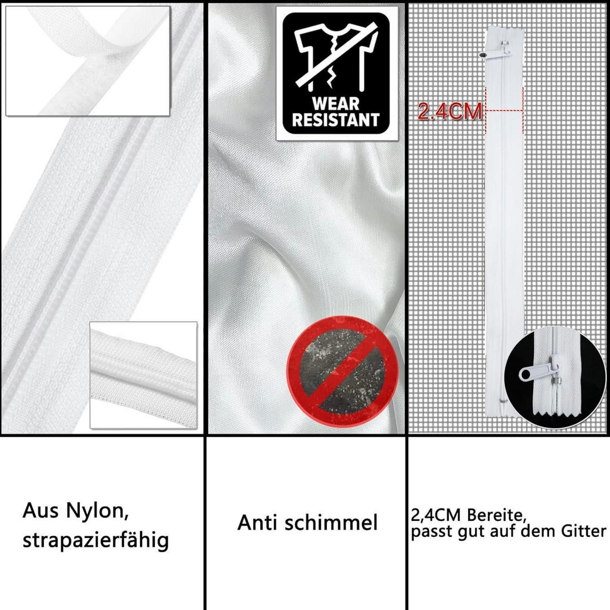 REISSVERSCHLUSS für Fliegengitter 38 cm 3-teiliges Set - Weiß, Kunststoff (10/20/2cm)
