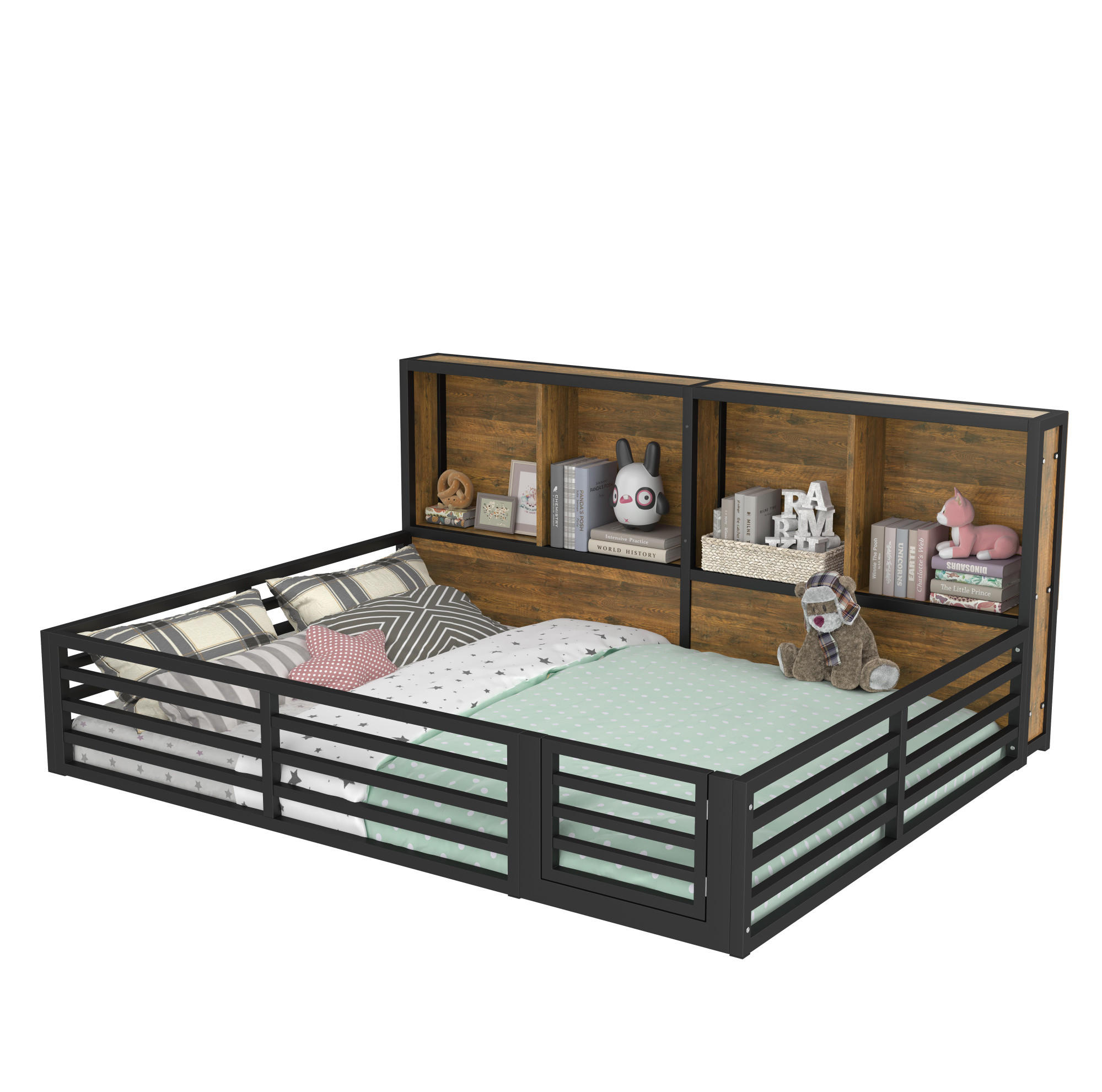 KINDERBETT 140/200 cm schwarz aus Metall und MDF mit Stauraum und LED - Schwarz, Holzwerkstoff (140/200cm) - OKWISH