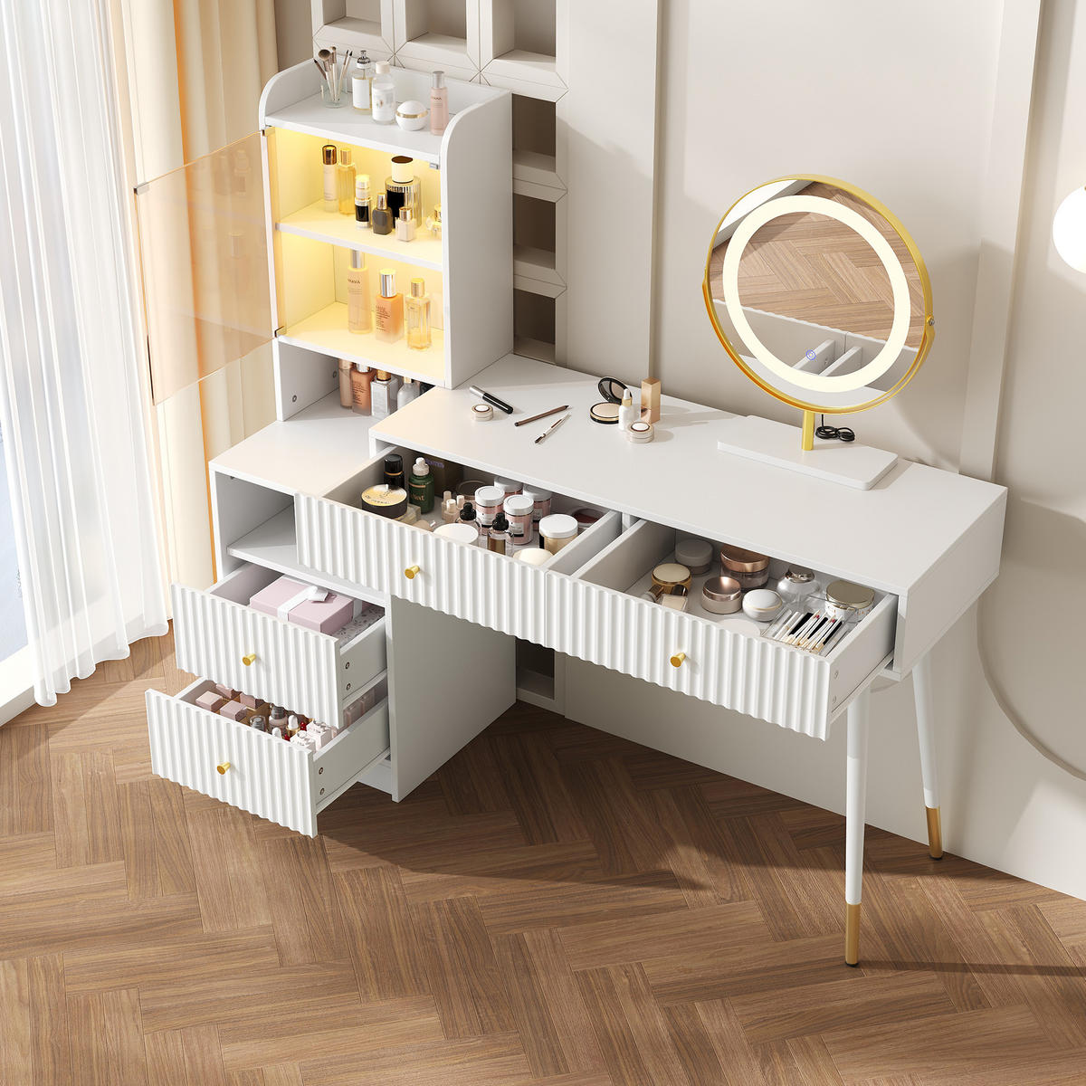 SCHMINKTISCH-SET 100/40/125 cm weiß mit dreifarbigem LED-Spiegel und 4 Schubladen - Weiß, Holzwerkstoff (100/125/40cm) - OKWISH