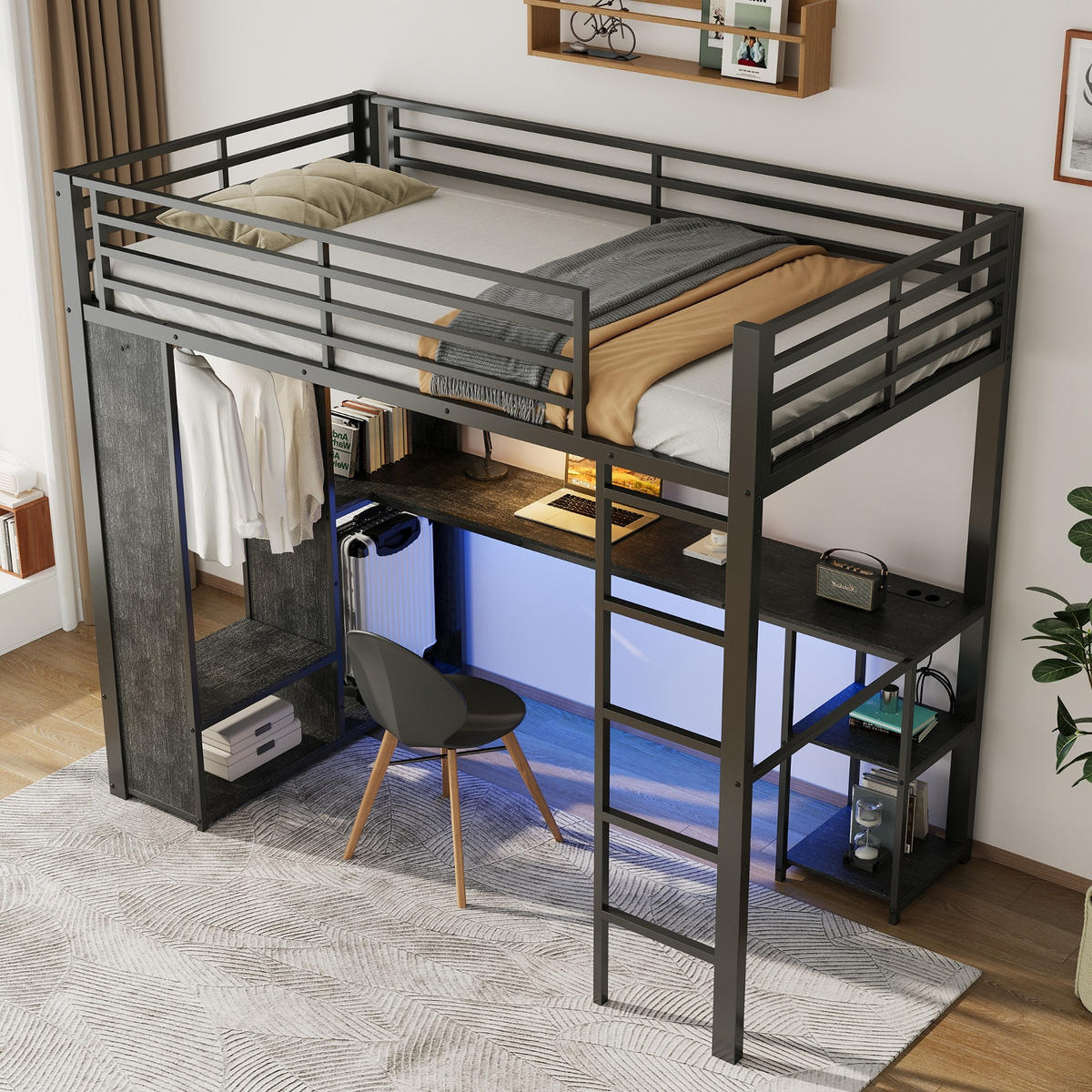 HOCHBETT 90/200 cm Schwarz mit LED-Lichtleiste, Schreibtisch und Offener Kleiderschrank - Schwarz, Metall (90/200cm) - Oxeza