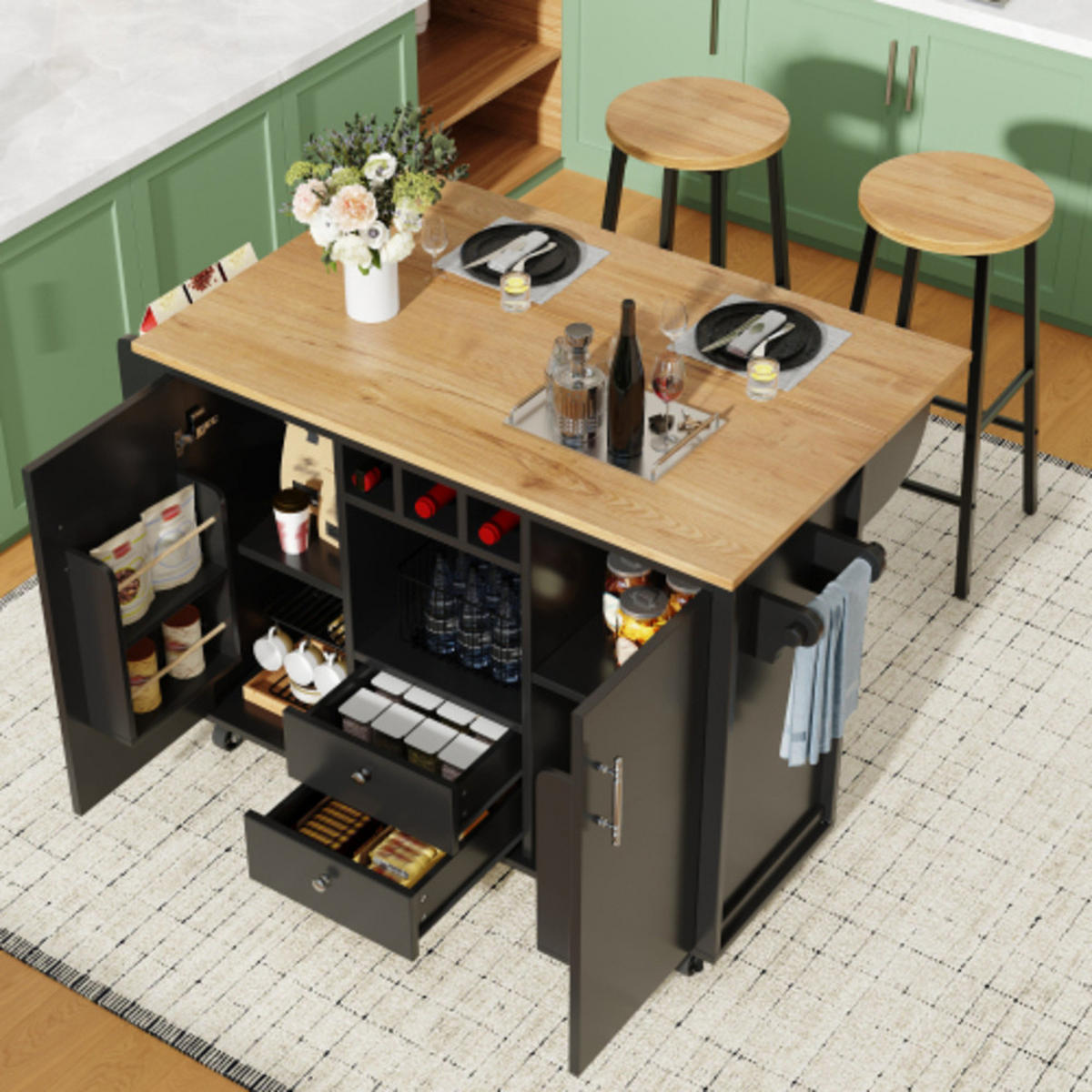 KÜCHENINSEL-SET 137,9×45-73×92 cm mit 2 Barhockern aus MDF und Metall, schwarz - Schwarz, Holzwerkstoff (137.9/92/73cm) - Luhomfu