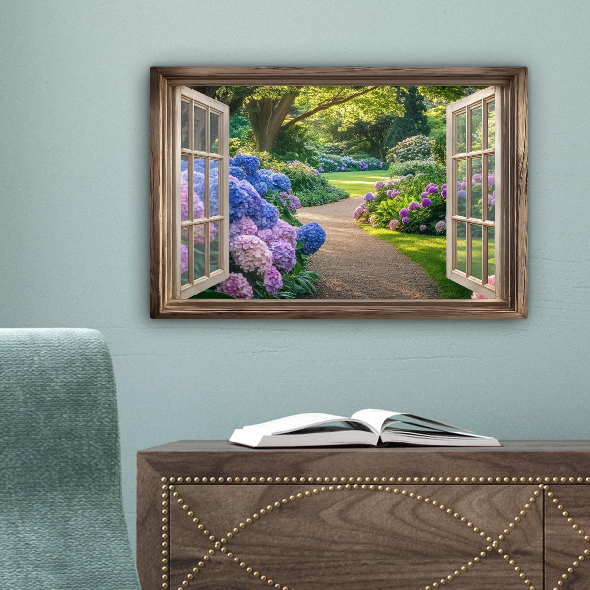 LEINWANDBILD Aussicht - Garten - Fenster - Hortensie - Blumen 30x20 cm - Pastellblau, Textil (30/20cm) - MuchoWow