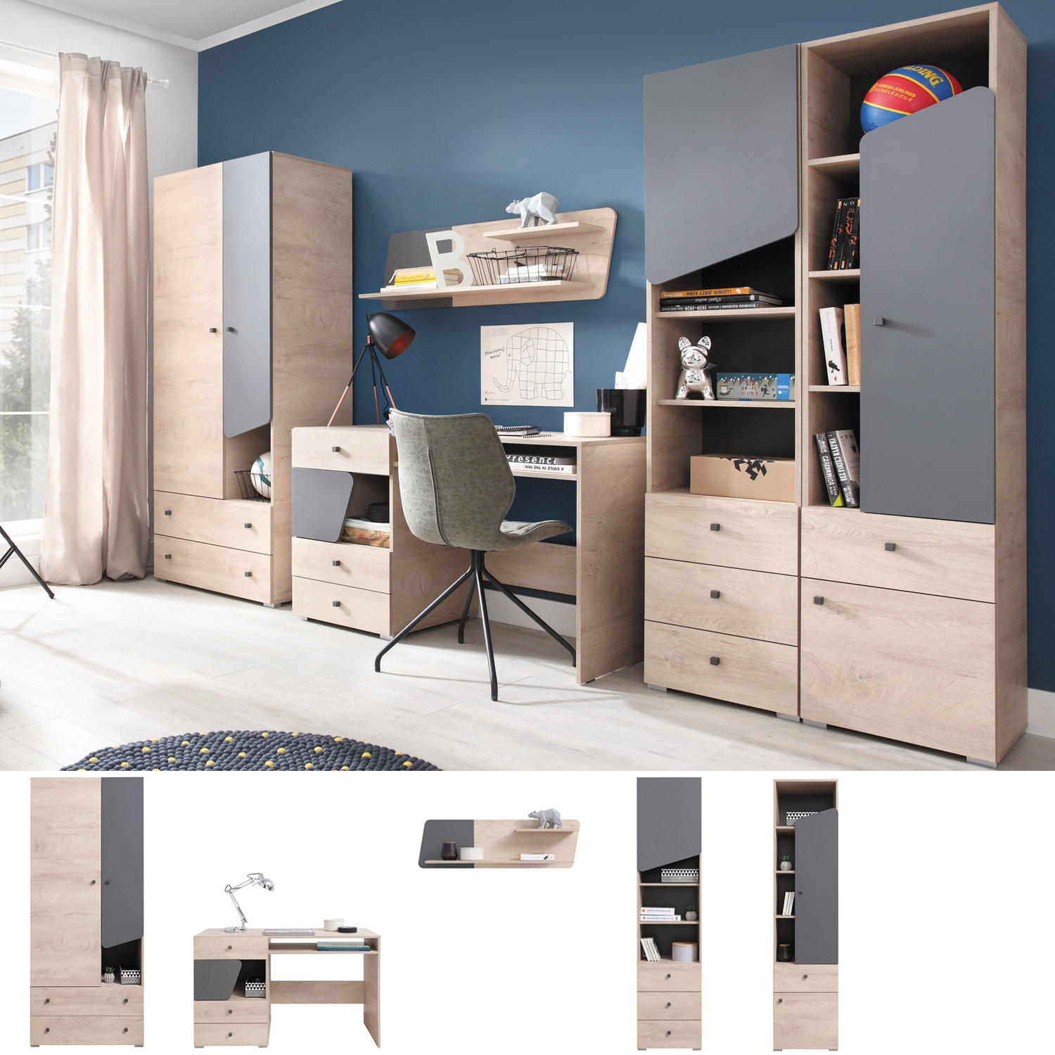 JUGENDZIMMER Davis Set A 5-teilig - Eiche / Anthrazit - Eichefarben/Anthrazit, Holzwerkstoff (80/190/50cm) - QMM TraumMöbel