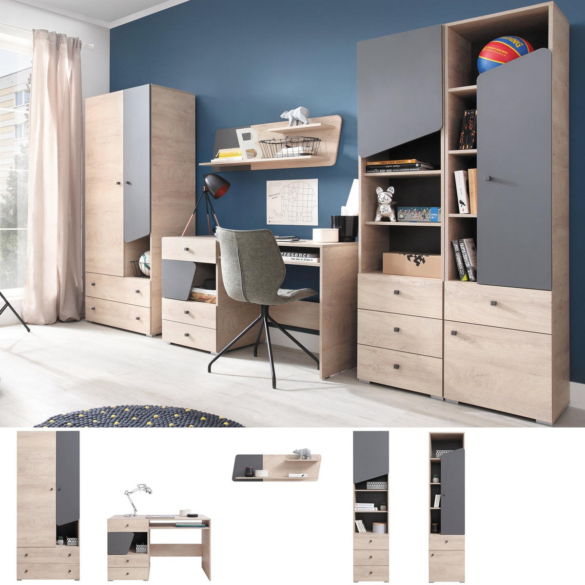 JUGENDZIMMER Davis Set A 5-teilig - Eiche / Anthrazit - Eichefarben/Anthrazit, Holzwerkstoff (80/190/50cm) - QMM TraumMöbel