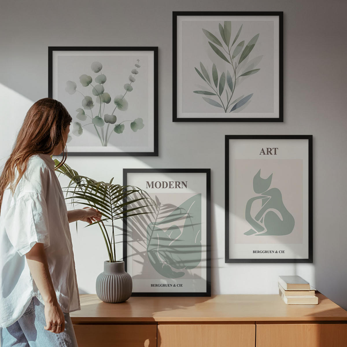 BILDER SET 4er Set - 50x50 cm & 40x60 cm Schwarzer Rahmen - Pflanzenmotive, zartes Grün - Schwarz, Kunststoff (50/50cm) - TULUP