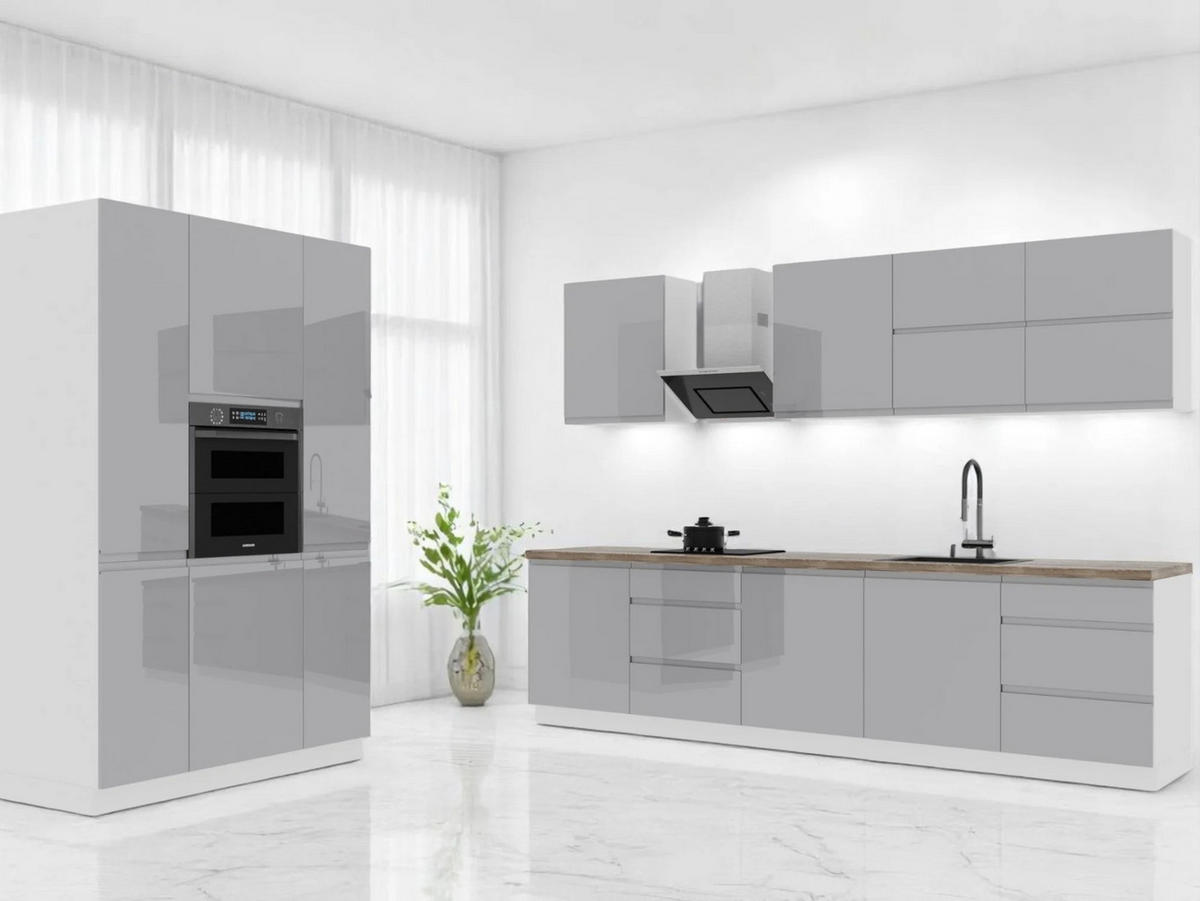 KÜCHENZEILE 440 cm - Aspen K74-M440 - in Grau / Hochglanz - Grau, Holz (300/212/140cm)