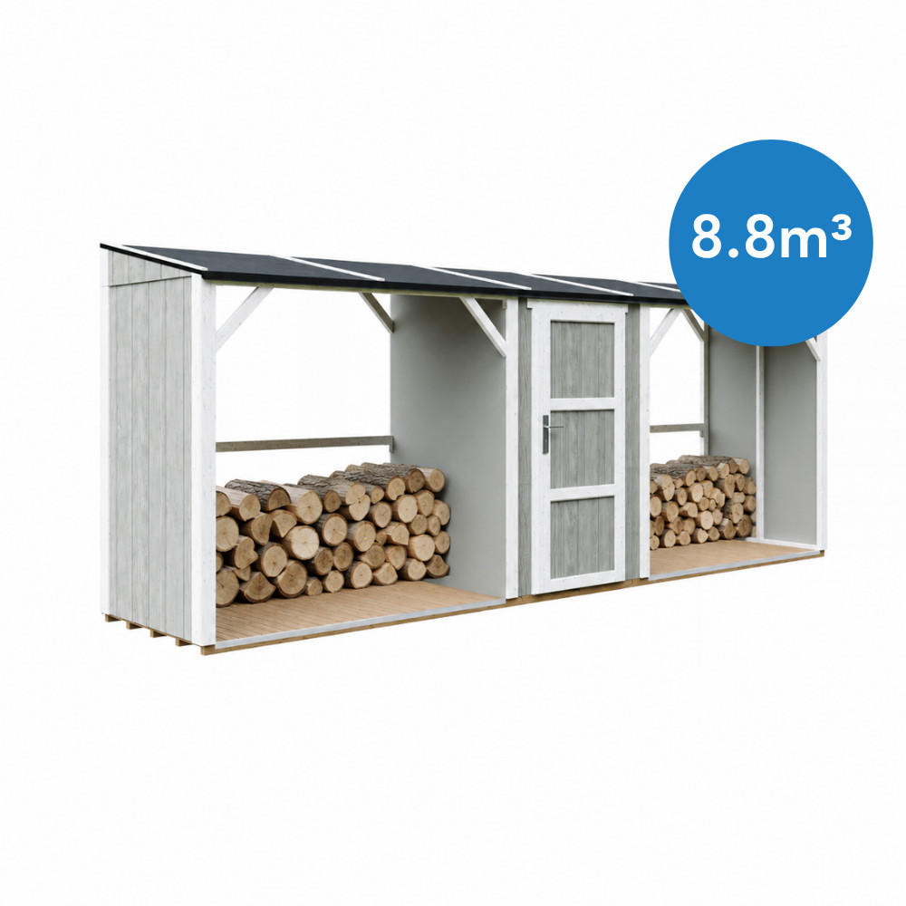 TIMBELA M986-TUNDRA GREY Dvojitý Prístrešok na Drevo s Úložným Priestorom 6,49 m², dve zóny na palivové drevo s celkovou kapacitou ~8,8 m³ - svetlosivá, drevo (118/220/550cm) - Timbela