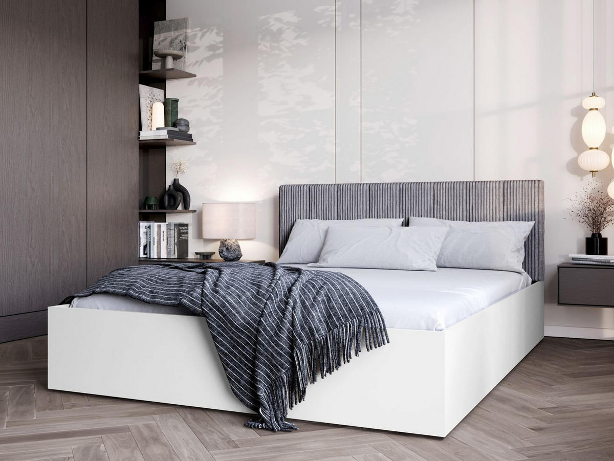 BETT Weiß STYLE Mit Matratze Gepolsterter Grauer Kopfteil 140x200 cm - Weiß, Textil (140/200cm) - Sepro Meble