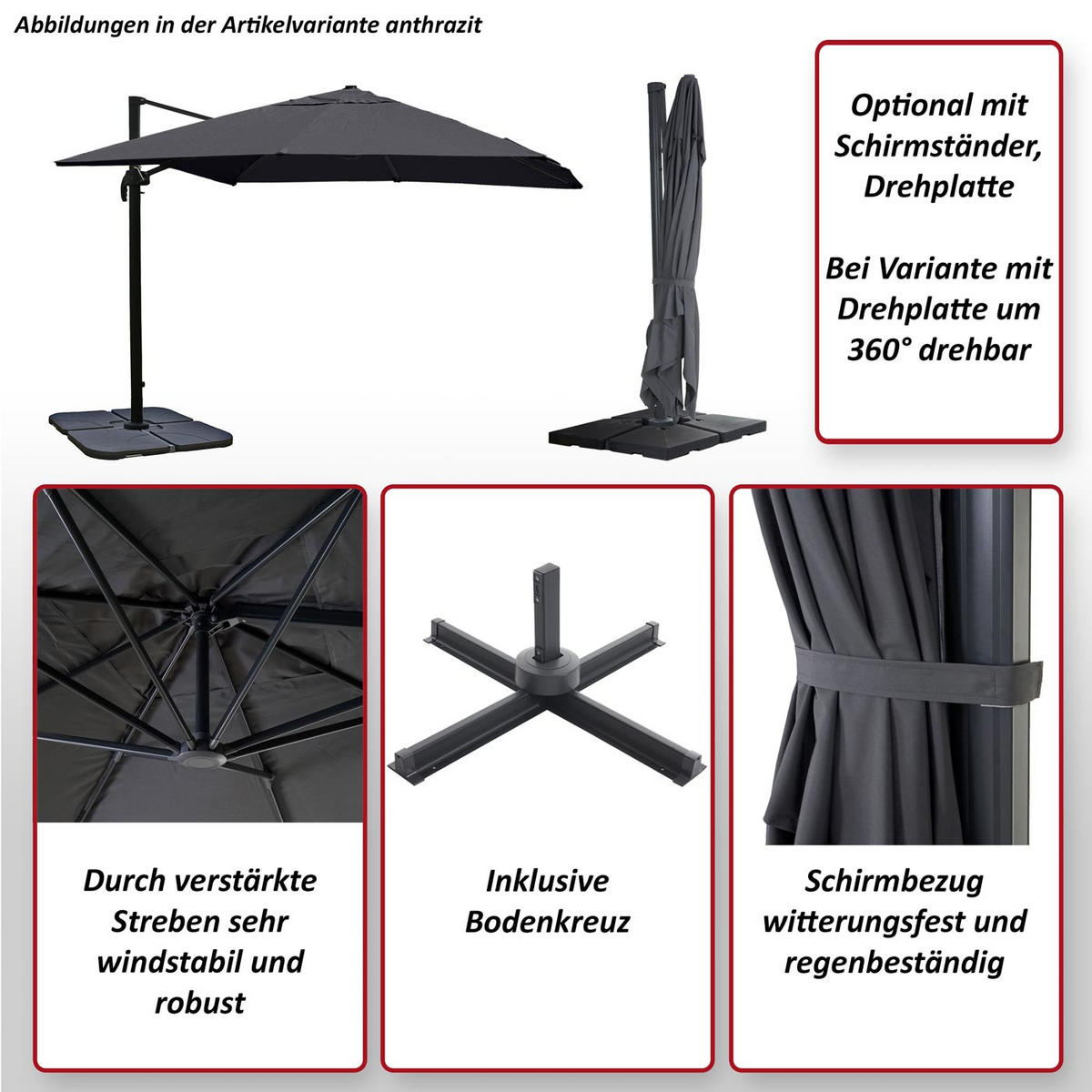 AMPELSCHIRM Anthrazit 300/400 cm - Anthrazit, Textil (400/300cm) - MCW
