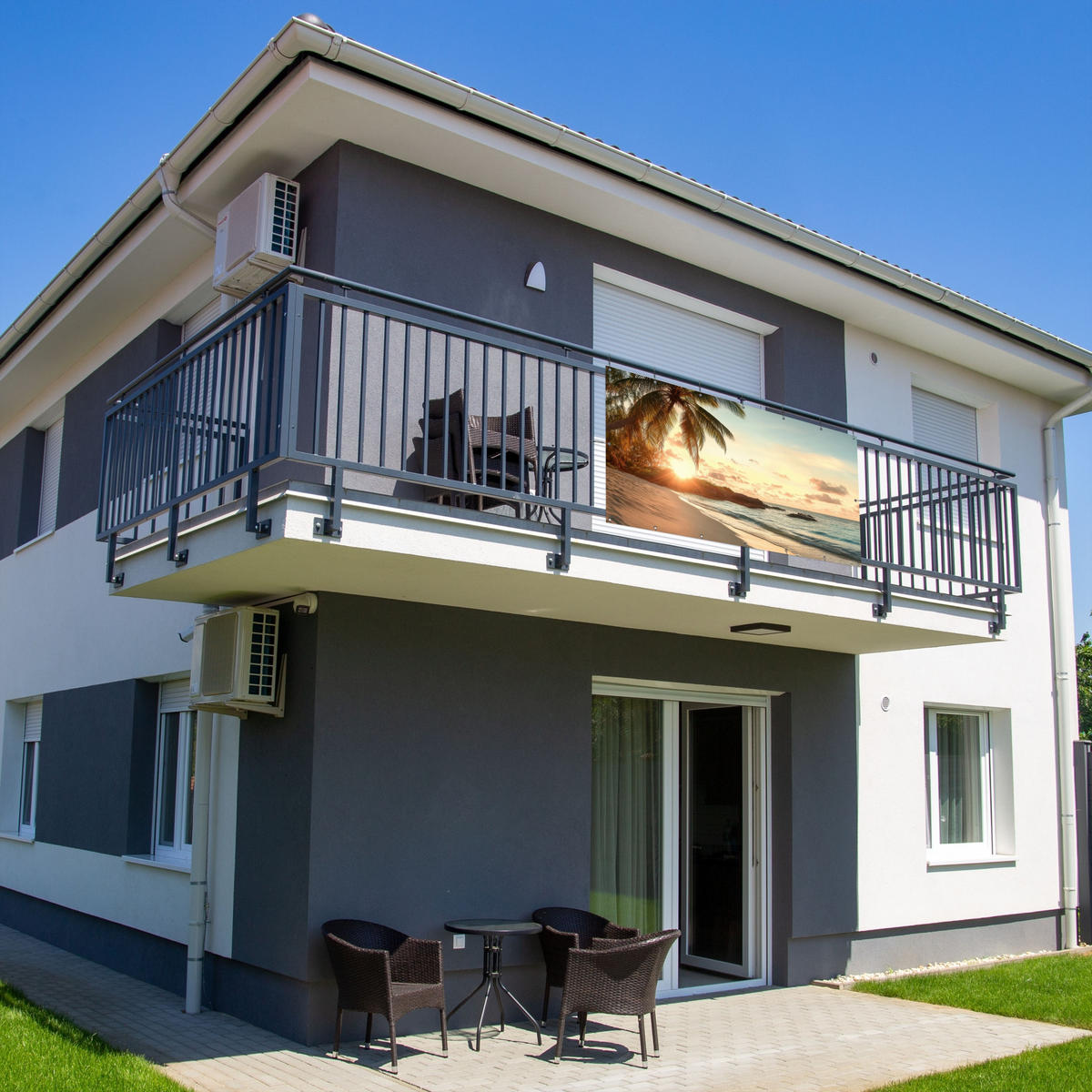 BALKON-SICHTSCHUTZ Strand - Palmen - Meer - Sonnenuntergang 200x110 cm - Samtahornfarben, Kunststoff (200/110cm) - MuchoWow