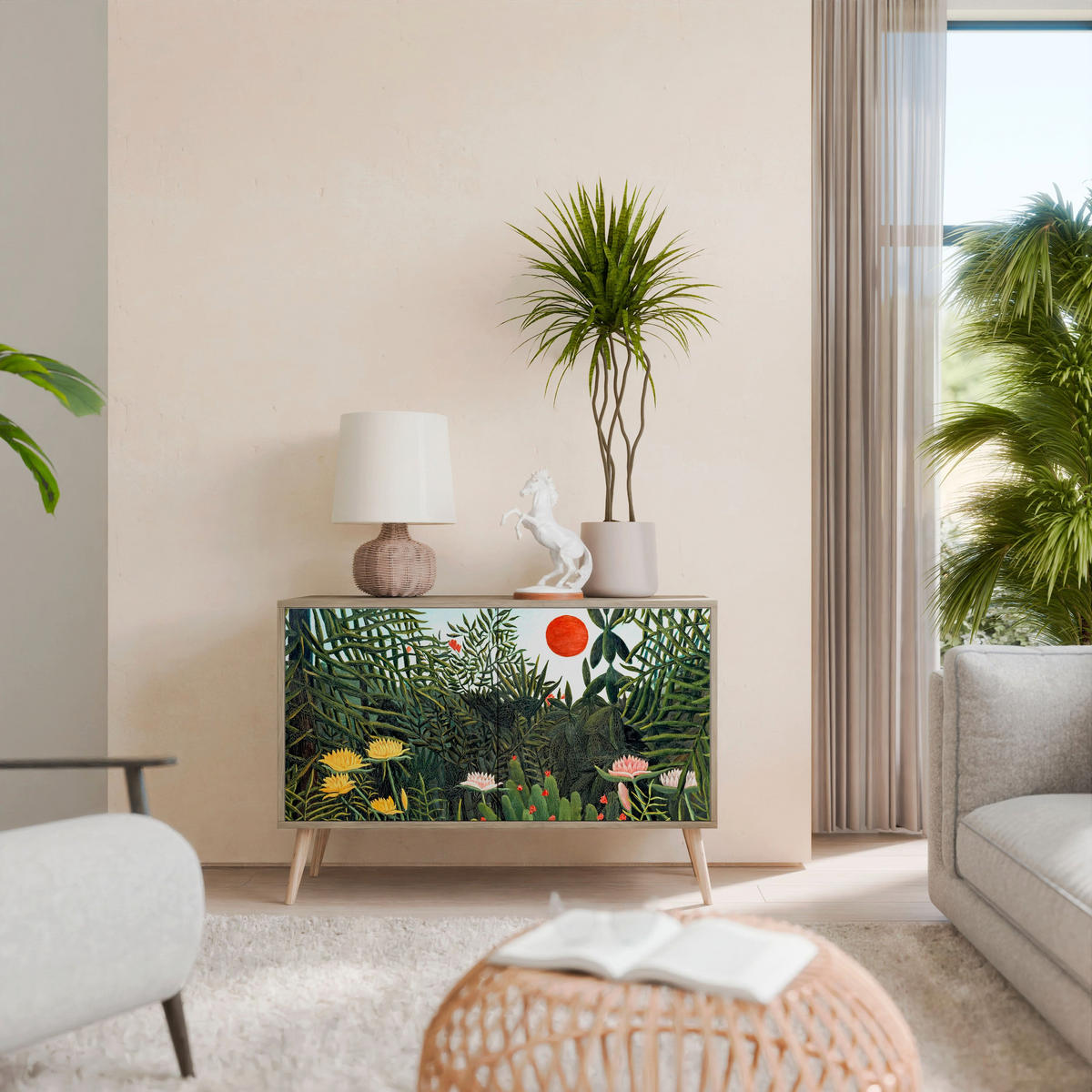 SIDEBOARD VIRGIN FOREST WITH SUNSET, Eicheneffekt, 111x42x77,5 cm, 2 Türen - Eichefarben/Buchefarben, Holzwerkstoff/Buchenholz (111/77.5/42cm) - SpaceRebels