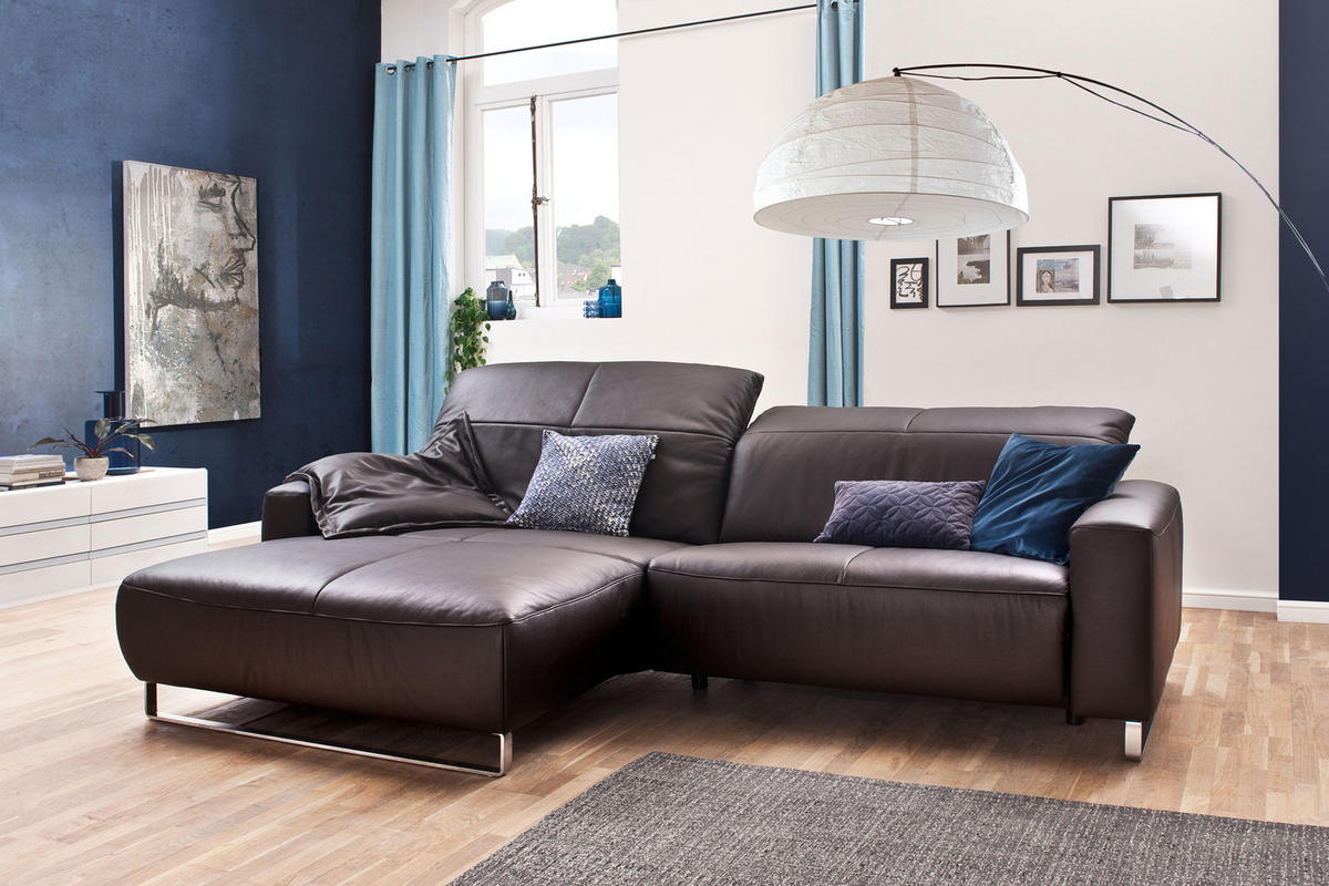 ECKSOFA YORK Dunkelbraun Leder - Dunkelbraun/Silberfarben, Leder (284/180cm) - KAWOLA
