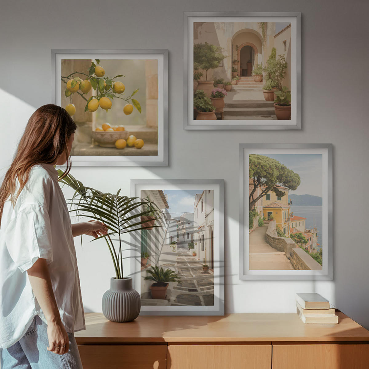BILDER SET 4er Set - 50x50 cm & 40x60 cm Silberner Rahmen - Zitrusbaum im Fenster am Meer - Silberfarben, Kunststoff (50/50cm) - TULUP