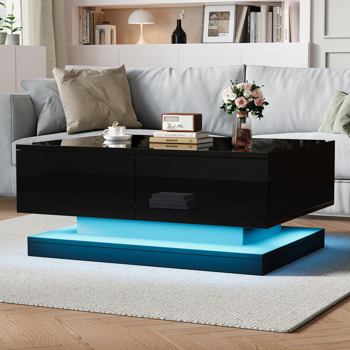 COUCHTISCH 90x50cm Schwarz Hochglanz LED App 2 Schubladen Modern - Schwarz, Holz (99.85/58.7/15.85cm) - FLIEKS